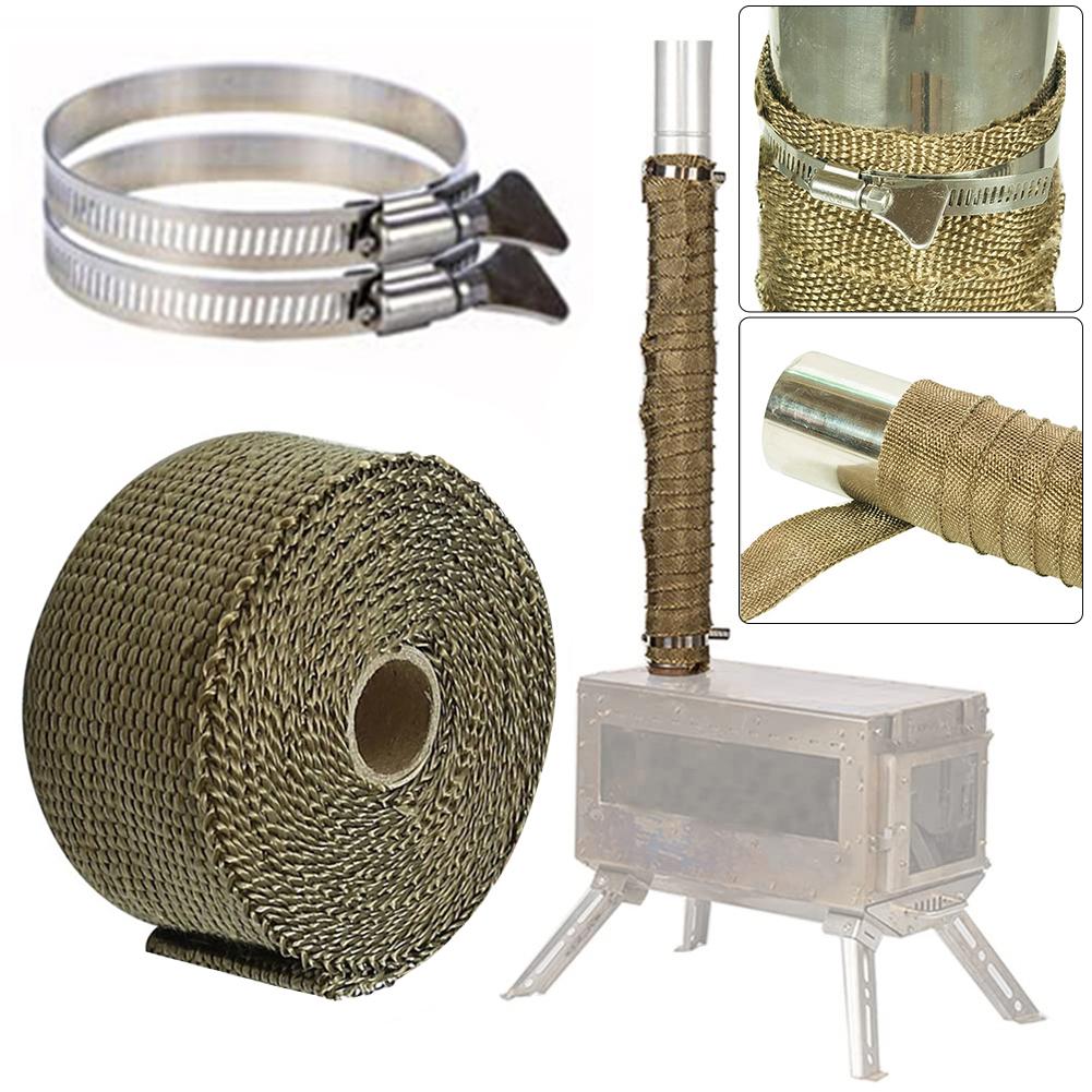 DIY Tent Stove Fireproof Ribbon Adjustable Stove Pipe Wrap with 2 Clamps Anti-Scald Chimney Protector Thermal Insulation