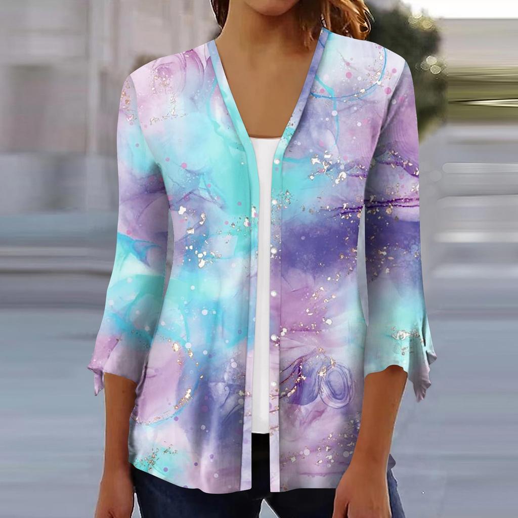 Moda Donna Blusa Cardigan Top Manica a Sette Parti Stampata Casual Ampia