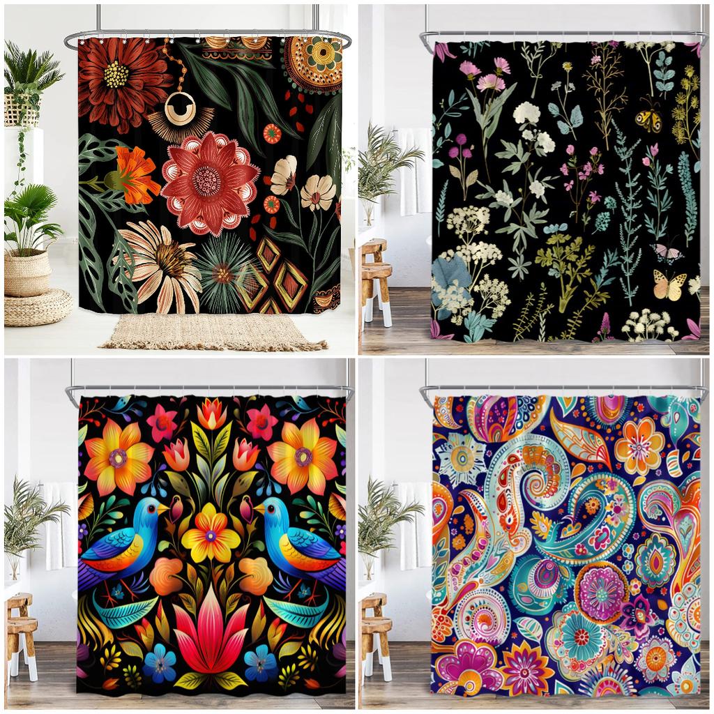 Boho Floral Vintage Shower Curtain Home Decor for Retro Bohemian Flower Herb Plant Bathroom Polyester Bath Curtain with Hook