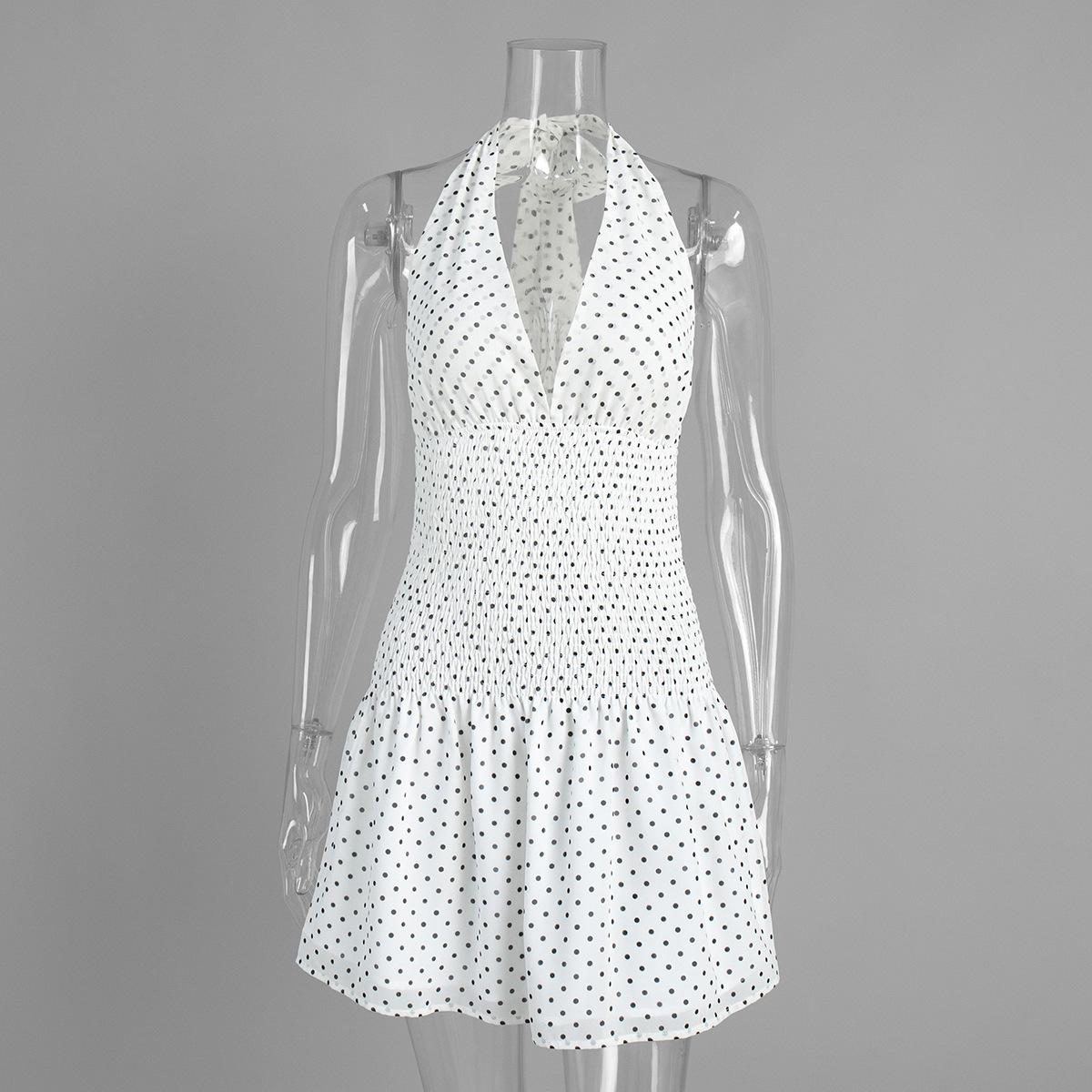 

Платье в горошек с кружевной шнуровкой на шее, летнее новое плиссированное платье-юбка с поясом в европейском и американском стиле, платье с открытой спиной S белый