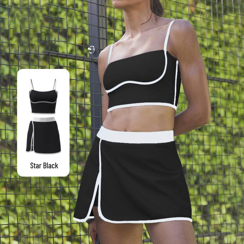 Women's Color Block Strap Skirt & Shorts Set – High Waist, Slimming Yoga Outfit with Contrast Design