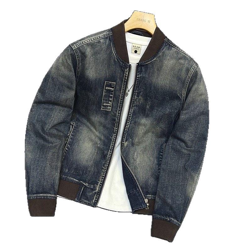 Men's Trendy Retro Motorcycle Denim Jacket - Slim Fit, Fashionable Baseball Collar for Autumn and Winter.