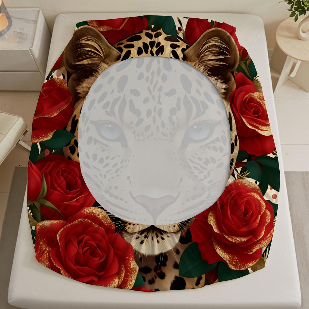 Leopard Print Fitted Sheet Set Red Roses And Leopard Face Design With Pillowcases For Bedroom Decor