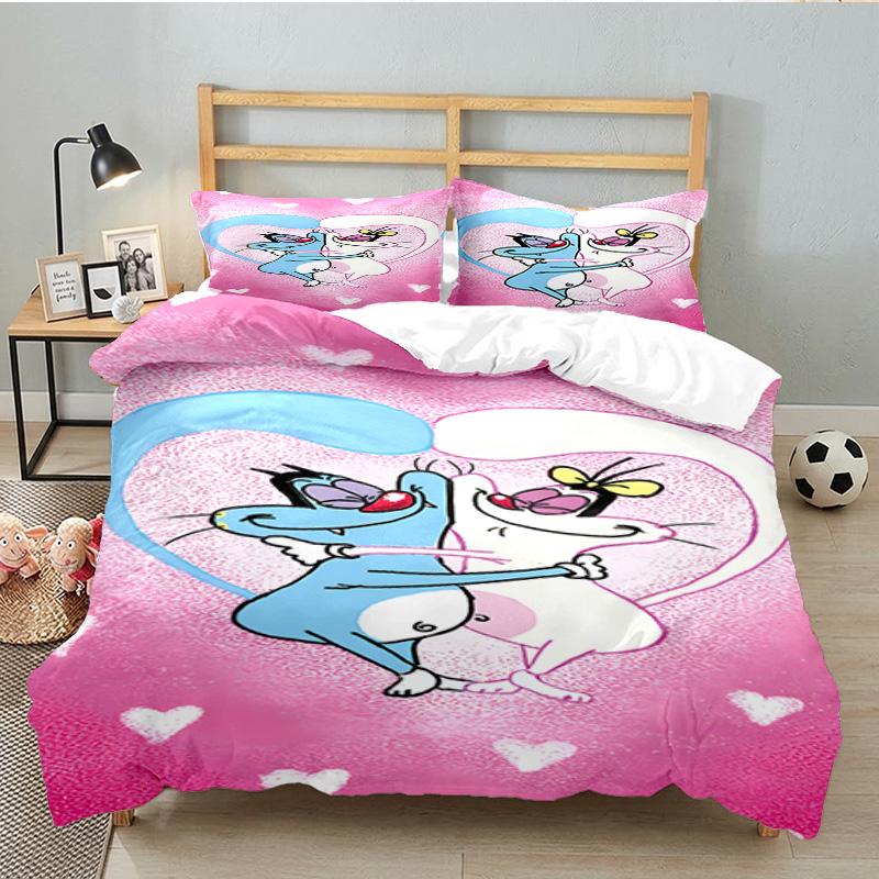 3PCS Oggy Bedding Set Printed Duvet Cover Closure Includes 1 Duvet Cover & 2 Pillowcases for All Seasons Bedroom Decor