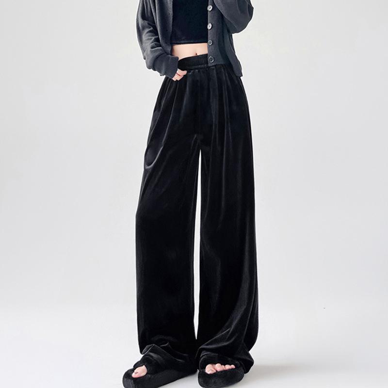 Goldener Samt Weitbeinige Hose Damen Herbst und Winter Locker Hochtailliert Lässig Drapierend Gerade Wischende Lange Hose