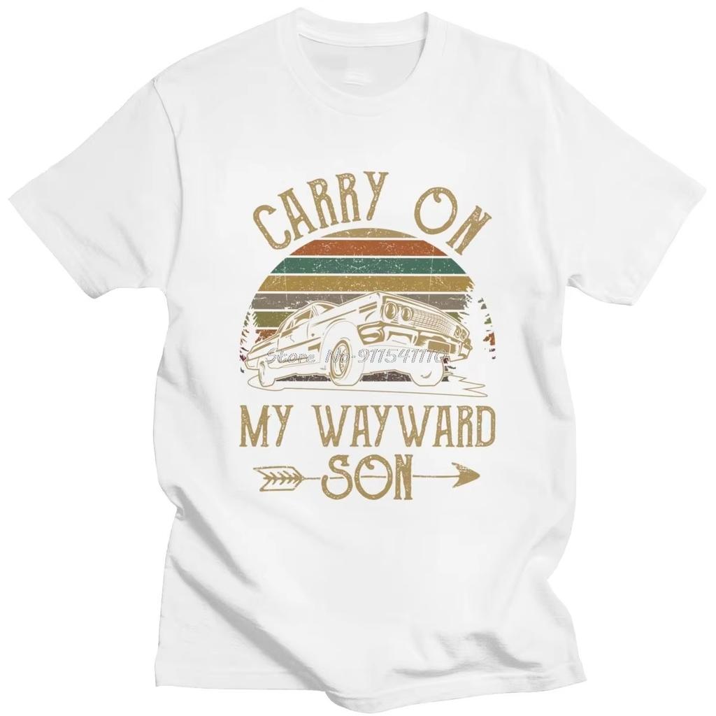 Supernatural TShirts Vintage Unisexs Women T Shirt Carry On My Wayward Son Dark Heather Unique Tee Shirt Printed Tshirt Clothing