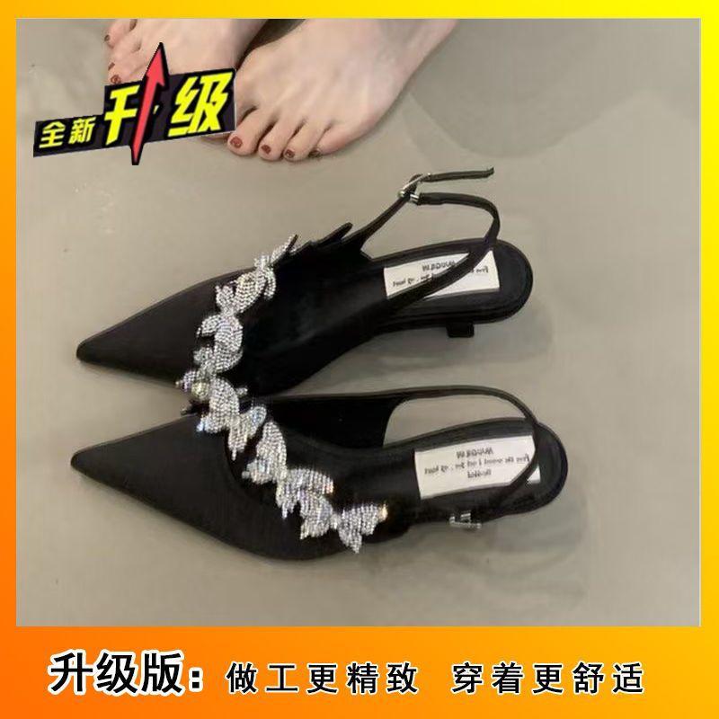 2025 Summer New Chinese Pointed Rhinestone Bag Head Sandals Women's Butterfly Satin High Heels Thin Heel One-word Strap Single Shoes