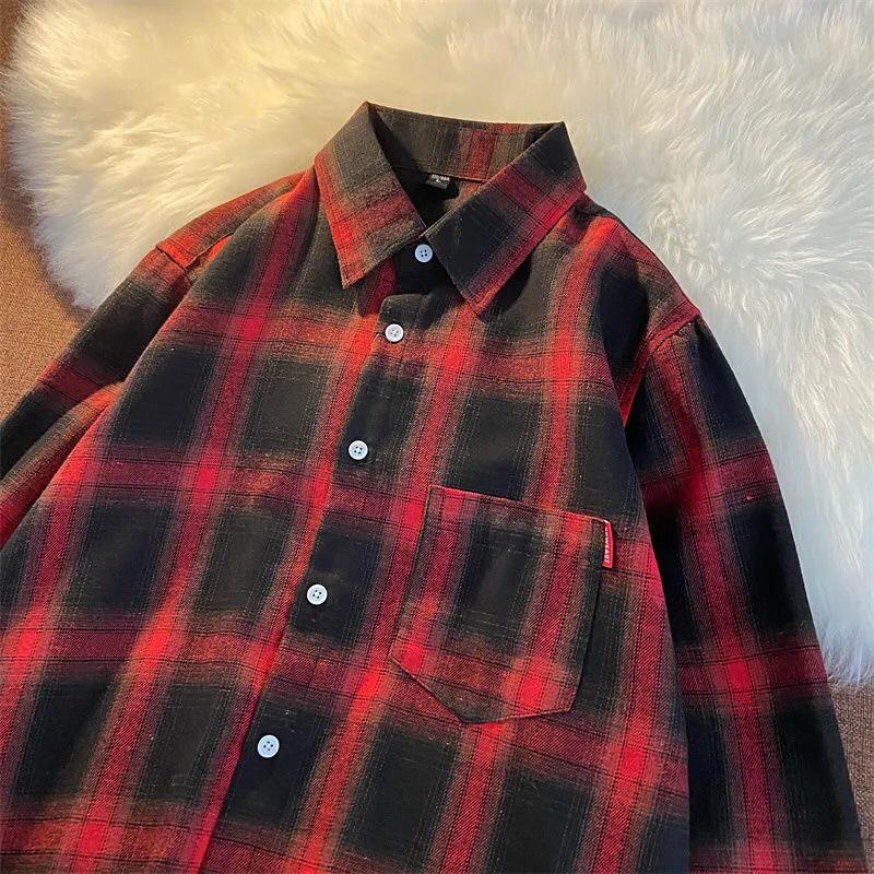 Dame Retro Rutete Langermet Skjorte - Løs Passform, Pluss Størrelse, Koreansk Stil, Vår Yttertøy