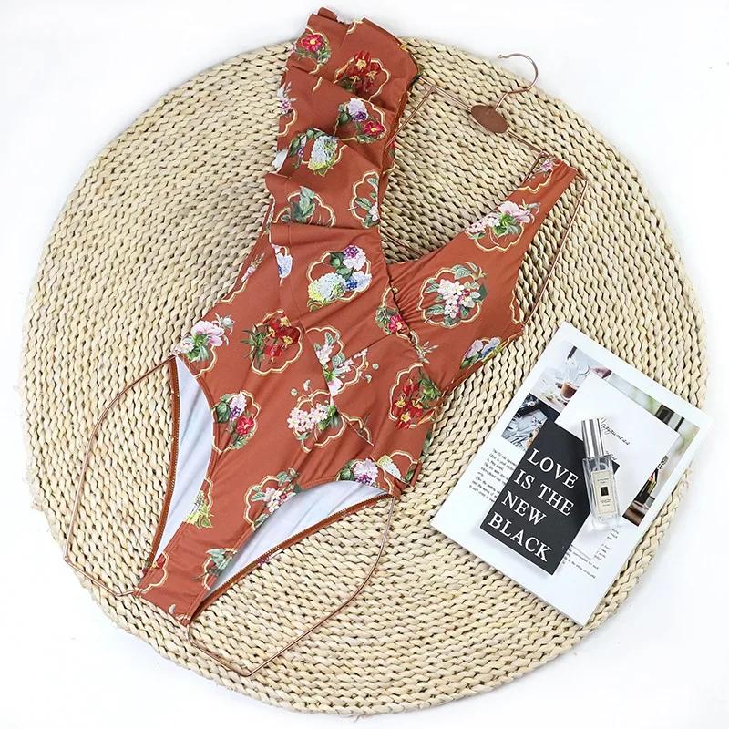 

Сексуальный цельный купальник женский V-образный вырез многослойный большой оборка высокая талия цветочный принт пляжная одежда купальный костюм L коричневый