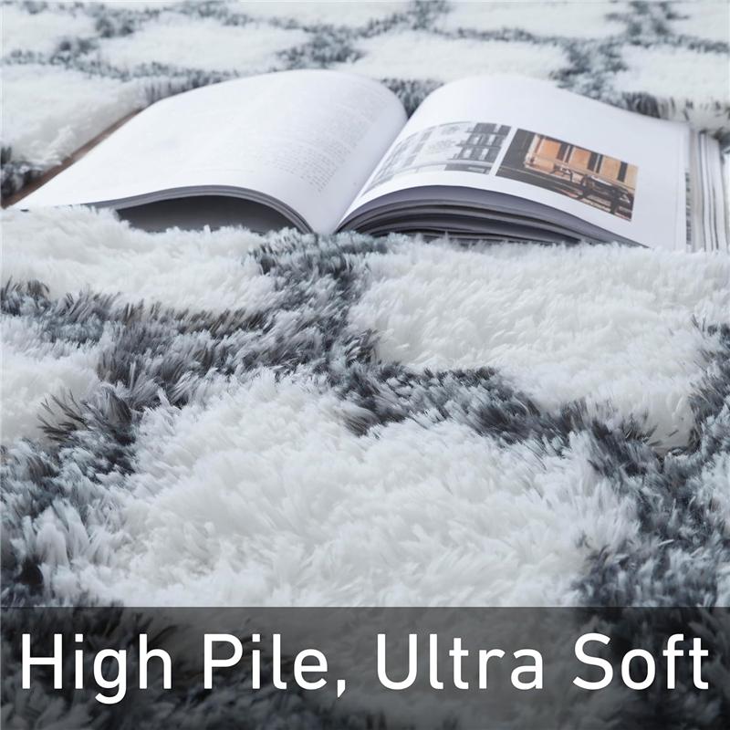 Luxury Geometric White Checkered Area Rug Ultra Soft Polyester, High Pile,Non Slip, Modern, Indoor, Playroom, Bedroom, Living Room, Nursery Rug