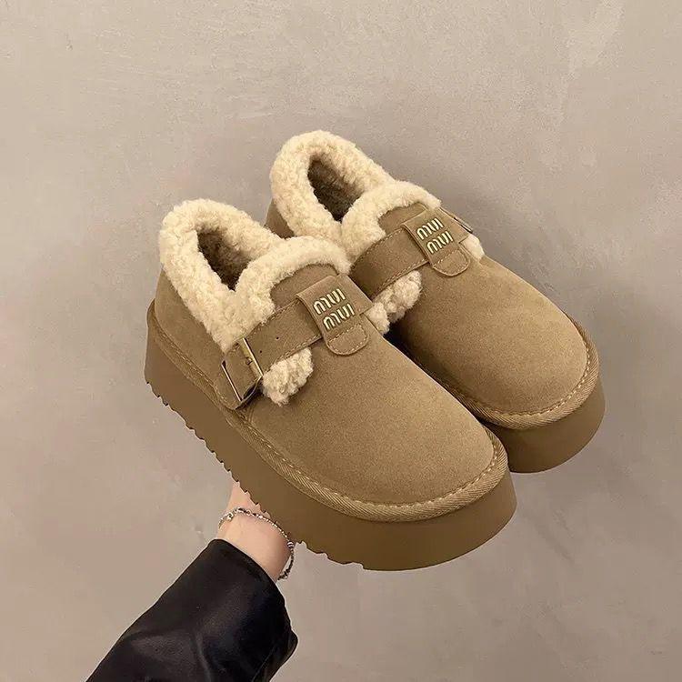Thick-soled snow boots, new winter piled and thickened warm Birkenstock fluffy shoes, Velcro bread cotton shoes