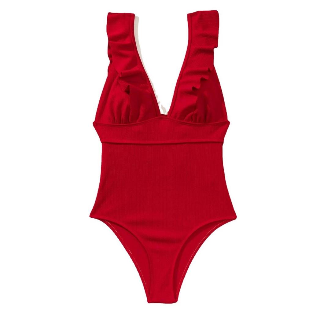 European and American Style Women Fashion Ruffled Tummy Control Bikini Lace Up Back Swimwear Plunge Monokini Swimsuit One Piece Backless Bathing Suit