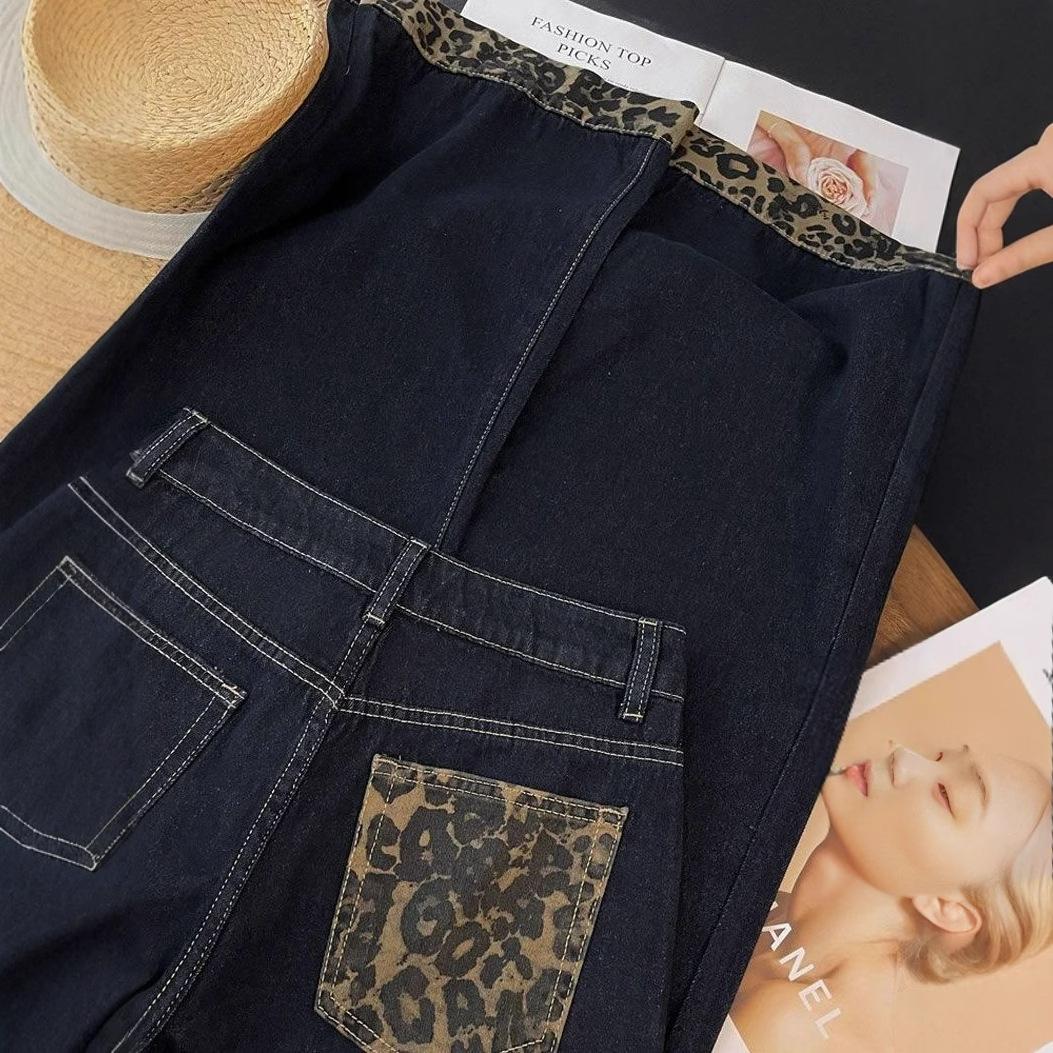 

Джинсы с леопардовыми вставками женские весенне-осенние больших размеров с высокой посадкой свободного кроя скинни с дизайнерским сенсом прямые драпированные брюки трендовые длинные джинсовые брюки 3XL