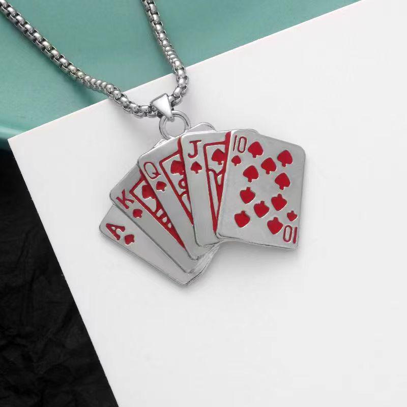 Retro Playing Card Hip-Hop Necklace for Men & Couples - Diamond-Studded Straight Flush Chain