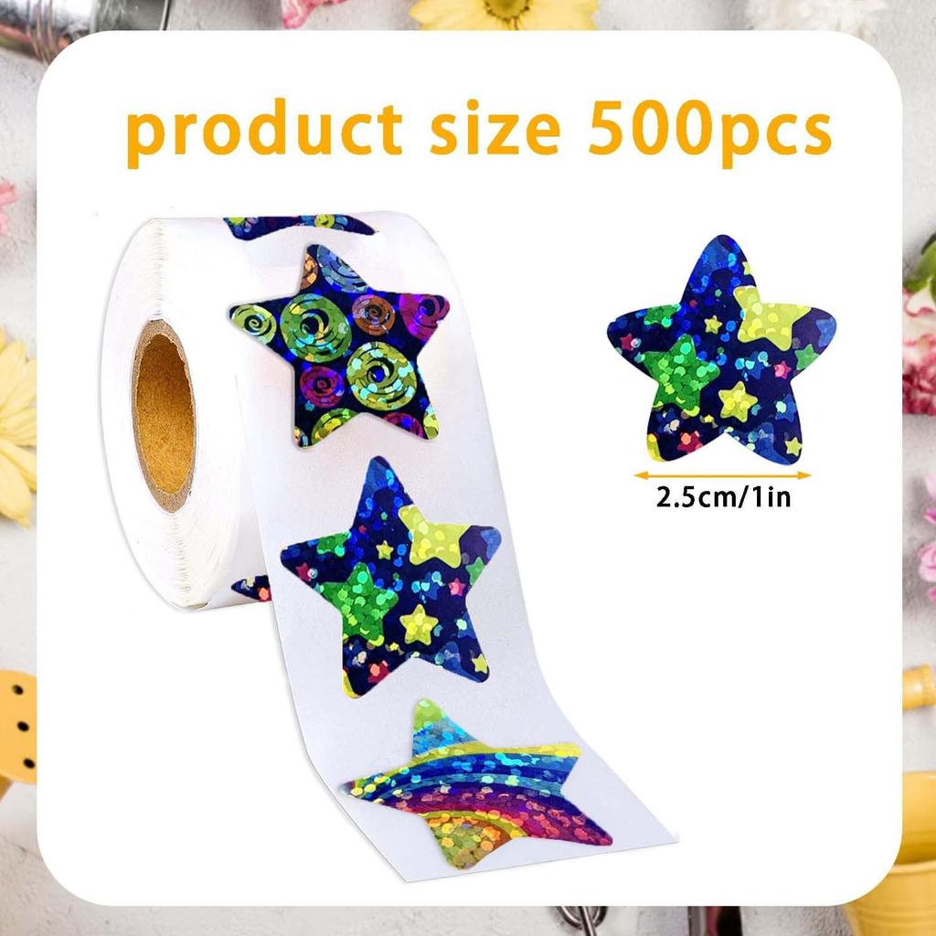 500 Pcs Holographic Star Stickers Roll Rainbow Design Label Stickers 1 Inch Star Decorative Labels Self Adhesive Cute Roll Decals Envelope Seals