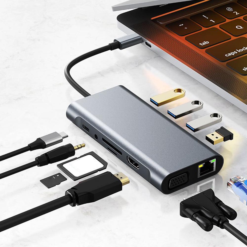 11 In 1 Type-C Docking Station Multi-Port Hub Adapter USB 3.0 with HD/VGA/LAN/Audio/Card Reader/USB Ports for Laptops