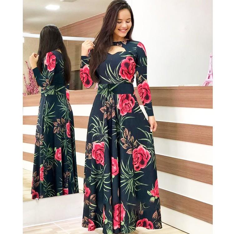 Women's Fashion Casual Bohemian Print Long-sleeved Pocket Dress Long Skirt