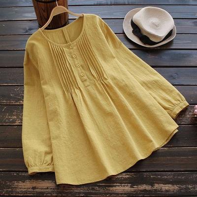 Summer Spring Loose Round Neck Cotton Linen Long Sleeve Shirt Plus Size Womens Top Trendy Blouse Hide Belly