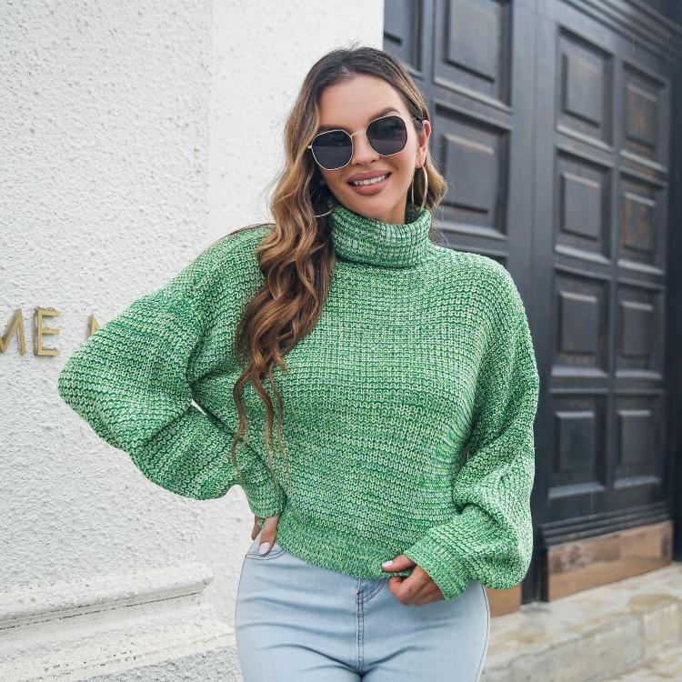 Women Chic Loose Turtleneck Sweater Autumn Winter Balloon Sleeve Colorful Blend Sizes S to L