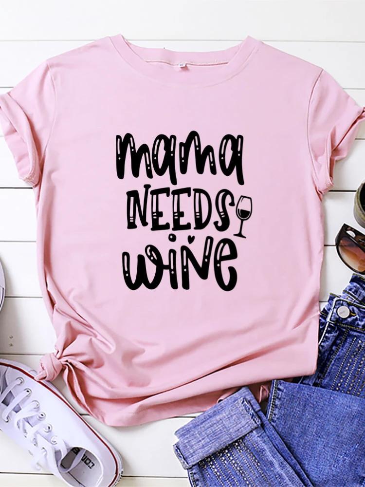 MAMA BRAUCHT WEIN Buchstabenaufdruck T-Shirt Damen Kurzarm Rundhals Lockeres T-Shirt Sommer Damen T-Shirt Tops Camisetas Mujer