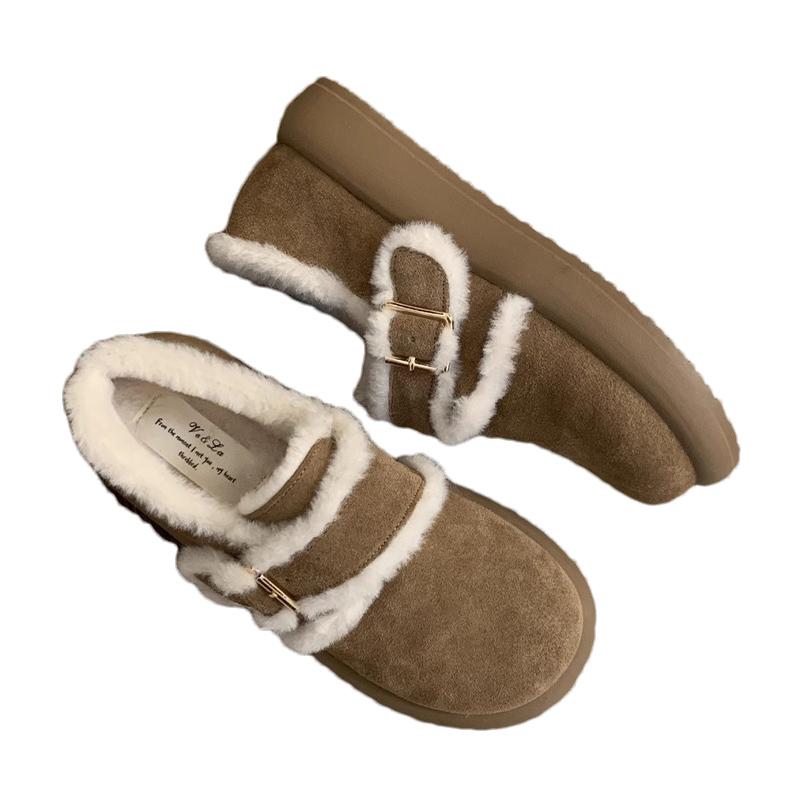 Fur Flats Women Loafers Shoes Suede Platform Buckle Casual Shoes Short Plush Boots 2024 Trend Winter Warm Cozy Zapatillas Ladies