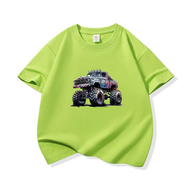 Kids Cotton T Shirt Cool Cartoon Offroad Vehicle Print Crew Neck Short Sleeve Tee Casual Boys Girls Summer Tops