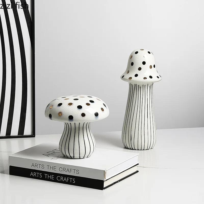 Modern Hand Painted Ceramic Round Dot Mushroom Statue Creative Abstract Crafts Sculpture Desktop Figurines Home Decor Ornaments
