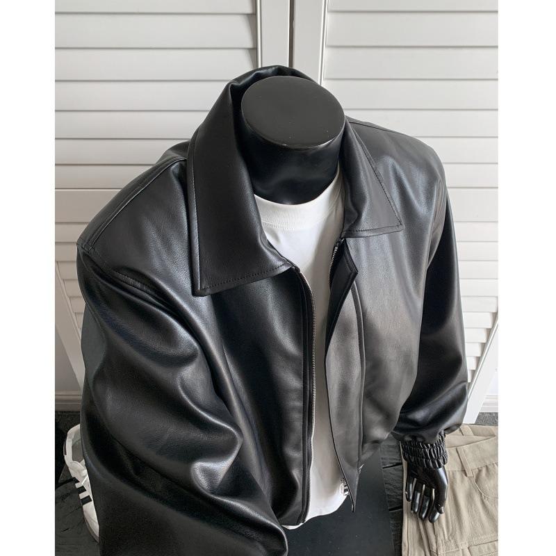 Autumn New Leather Jacket Fake Trendy Men Loose Short Shoulder Padded Jacket Retro Leather Jacket Men