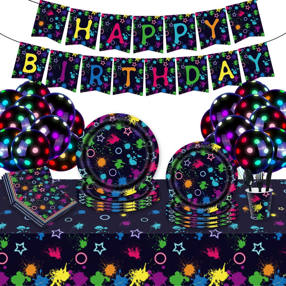 Neon Party Set: Disposable Napkins, Paper Plates, Cutlery, Bunting, Tablecloth, and Decorations