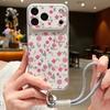 Pink Lily Flower Print Leather Lanyard Case For iPhone 18 Pro Max 17 16 15 14 13 Pro Max Luxury Hybrid TPU+PU Anti-skid Soft Phone Cover