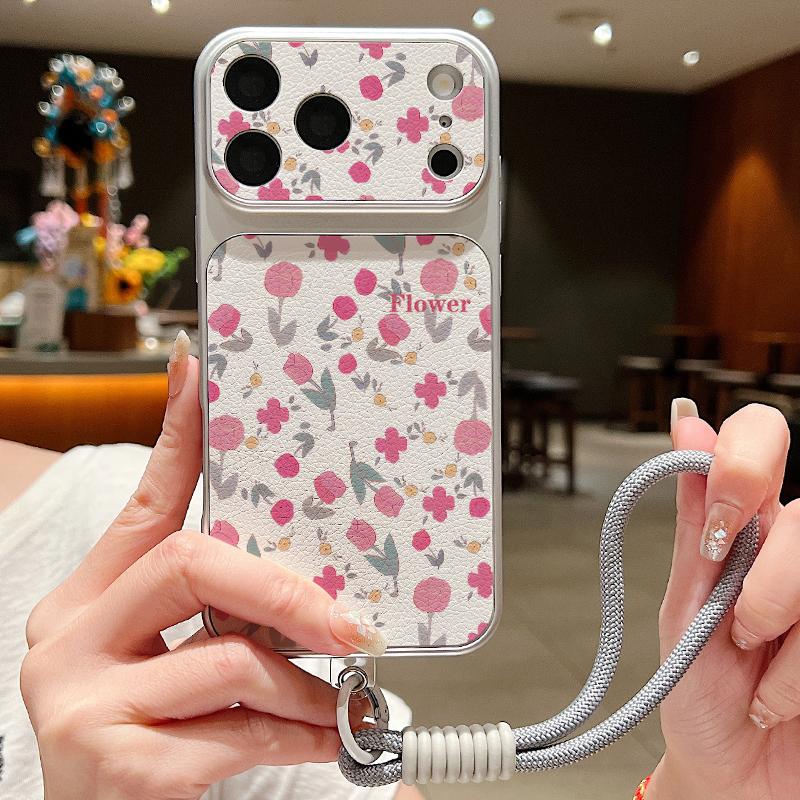 Pink Lily Flower Print Leather Lanyard Case For iPhone 18 Pro Max 17 16 15 14 13 Pro Max Luxury Hybrid TPU+PU Anti-skid Soft Phone Cover