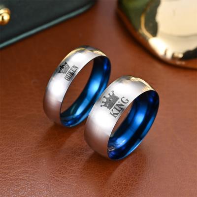 1Pc Stylish, Versatile and Simple Blue Crown "King Queen" Design Titanium Steel Ring