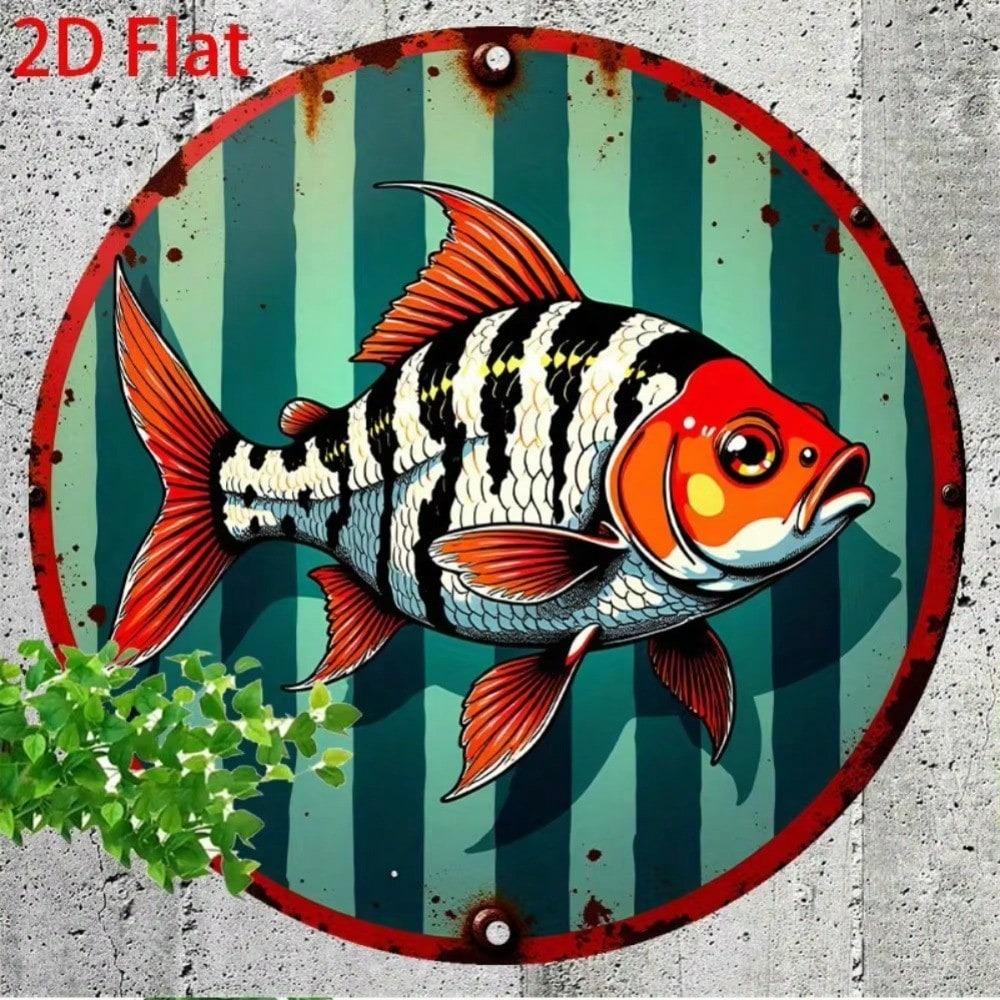Vintage Blue Green Striped Flat Fish Metal Tin Sign Country Kitchen Retro Decor
