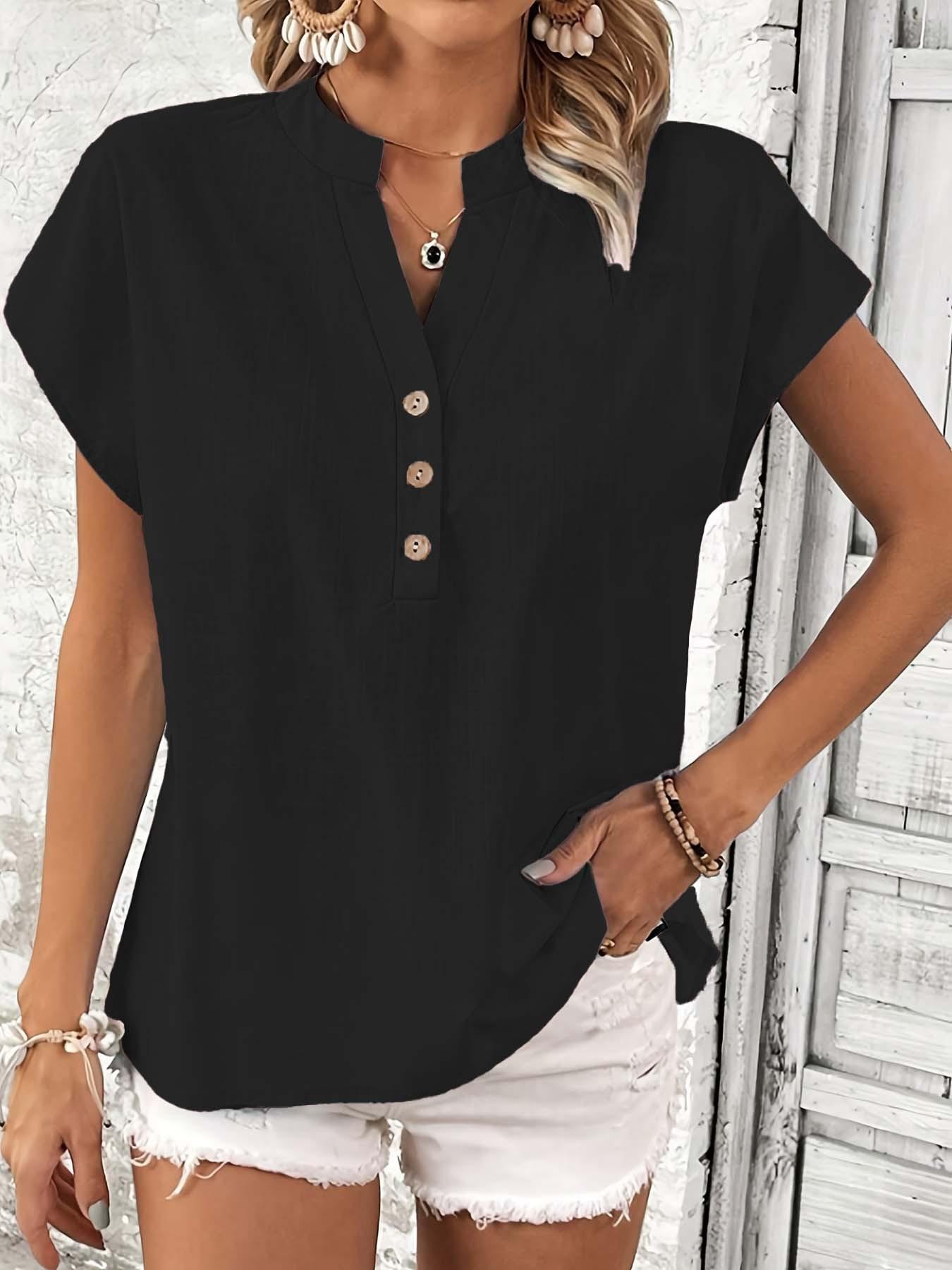 Women s Short Sleeve V-Neck Button Front Top in 4 Colors S чёрный