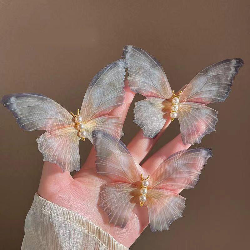 2pcs Immortal and Agile Chiffon Butterfly Hair Clip Forest Style Retro High-end Edge Clip Pearl Temperament Hair Clip