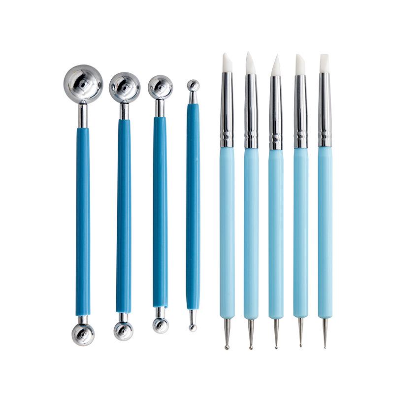 

9-Piece Pottery Tool Set: Silicone Dotting Pens, Steel Ball Rods, and Indentation Tools for DIY Clay and Stone Work.