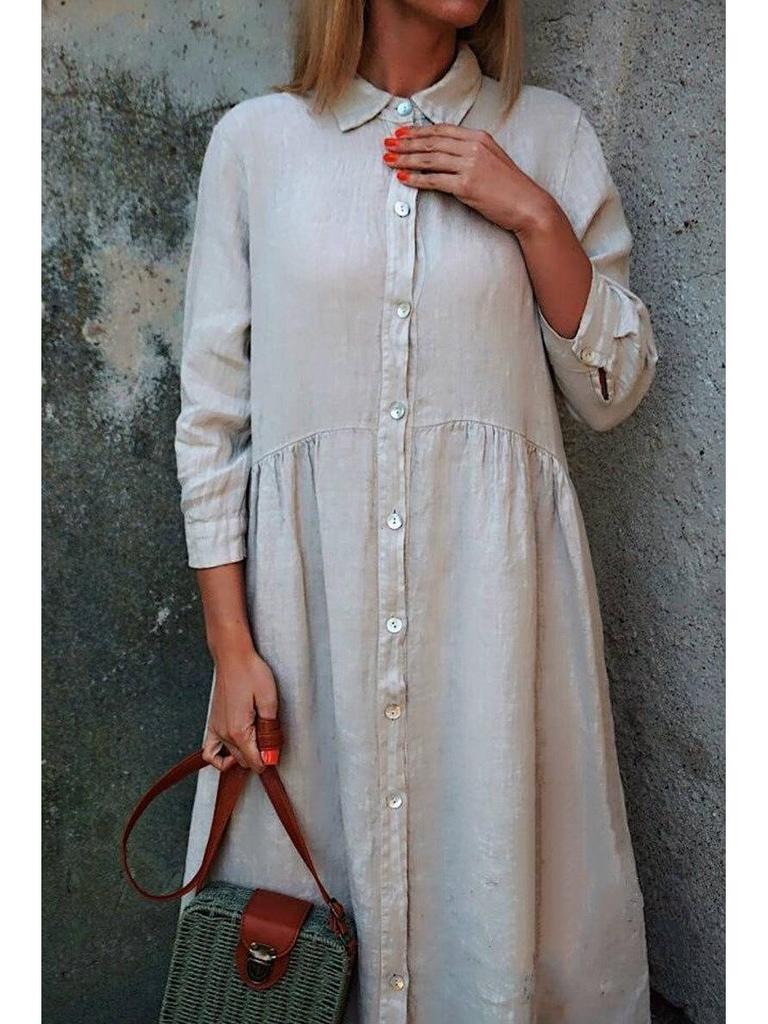 2023 Cotton Linen Solid Color Shirt Collar Long Casual Dress