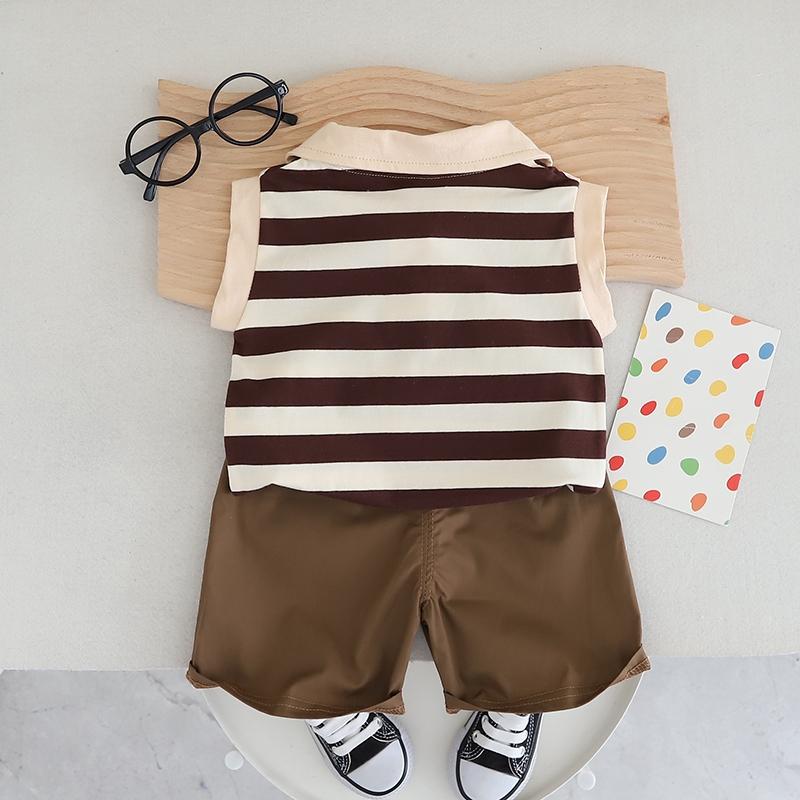 Letni 0-5 lat chłopięcy garnitur casualowy w paski bez rękawów polo + spodenki dziecięcy zestaw modny przyjemnie chłodny bawełna