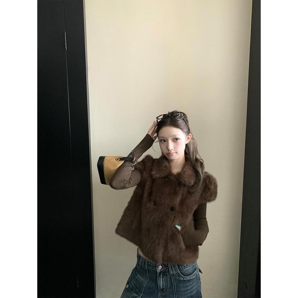 'Milk coffee small vest 'ring bag small cape vest fluffy jacket women's autumn and winter fur integrated small man