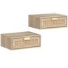 Set di 2 comodini sospesi, armadietti da comodino a parete con cassetto in rattan e effetto legno, rovere