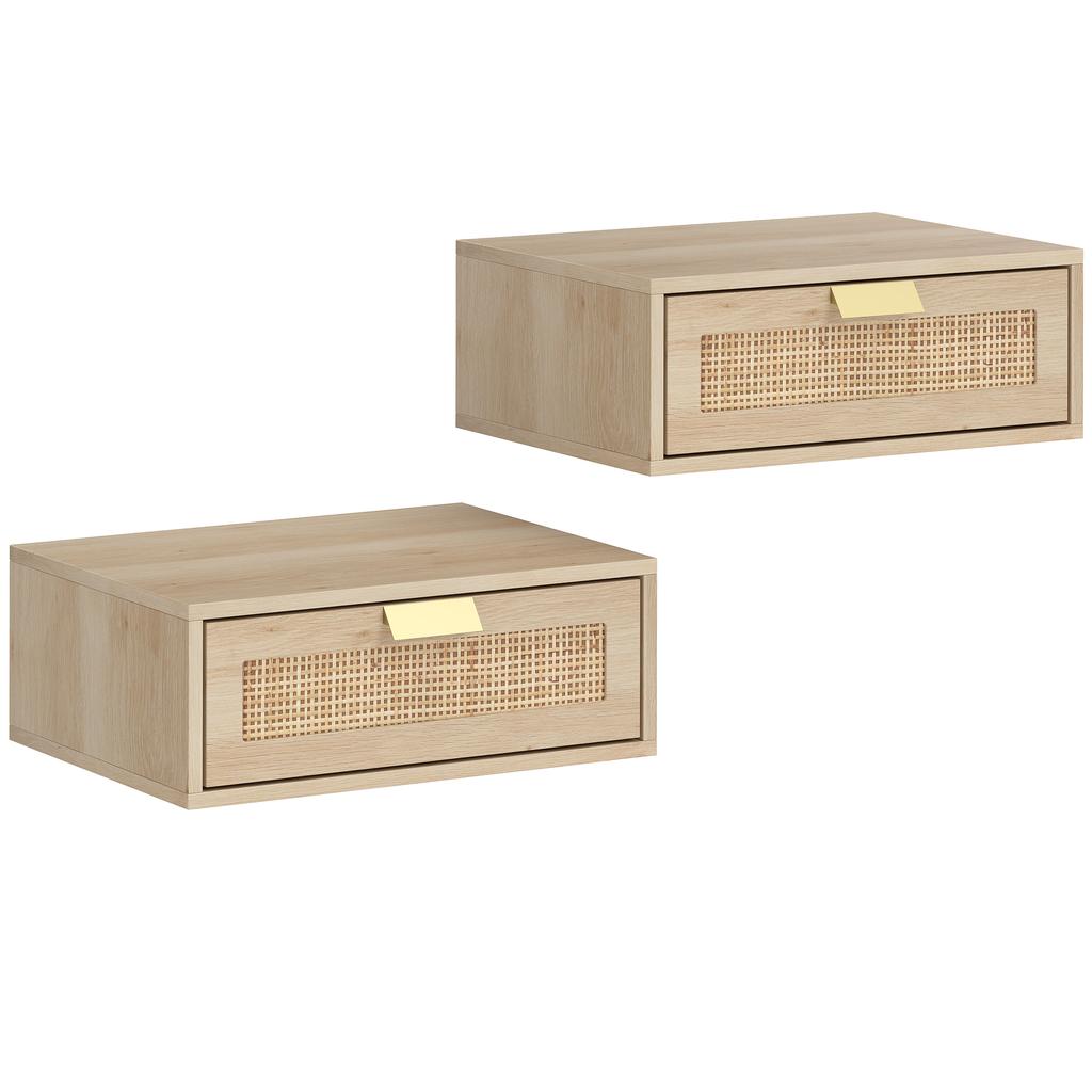 Set di 2 comodini sospesi, armadietti da comodino a parete con cassetto in rattan e effetto legno, rovere