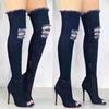 2025 Boots Women Summer Autumn Thigh High Peep Toe Over The Knee Boots Blue Denim Jeans Zipper Long Boots Shoes Ladies