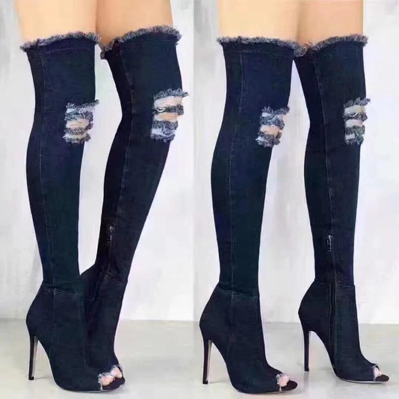 2025 Boots Women Summer Autumn Thigh High Peep Toe Over The Knee Boots Blue Denim Jeans Zipper Long Boots Shoes Ladies