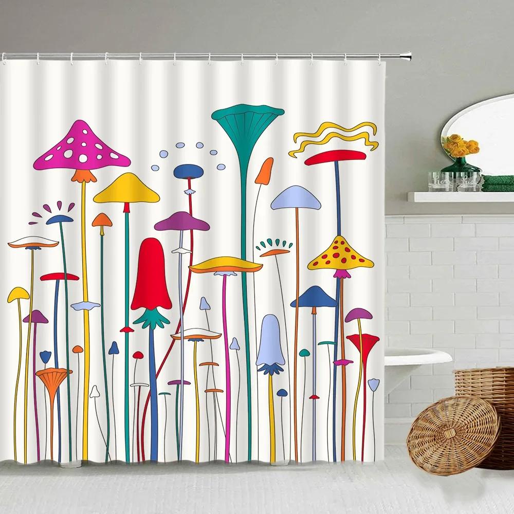 Cartoon Hand-Painted Animal Shower Curtain, Cat, Bird, Rabbit, Plant, Flower, Child Bathroom Decor With Hook