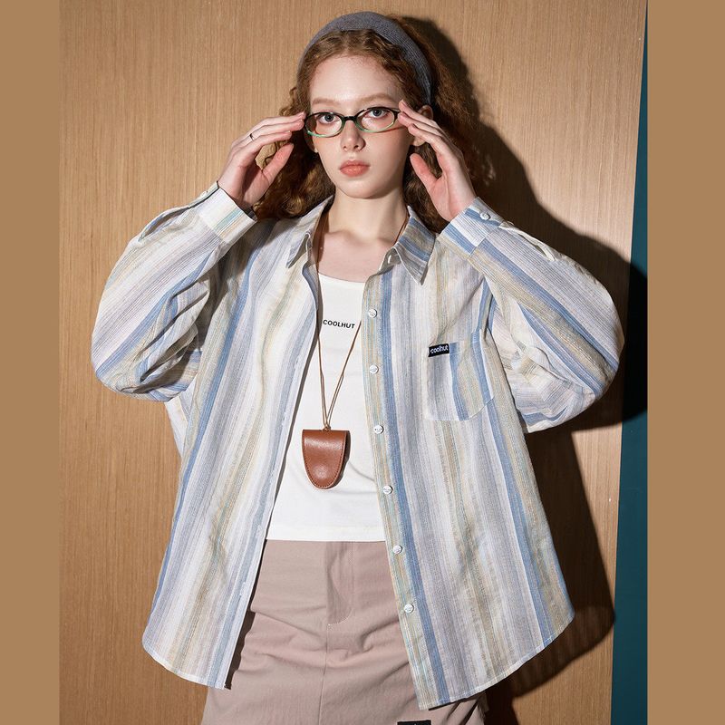 Coolhut2026 Spring and Summer New Product Lazy Rainbow Line Shirt Jacket Blue Stripesd Off-Shoulder Women's Long Sleeves