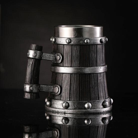 Wood Barrel Beer Mug, 600ml Stainless Steel Liner Stein, Rustic Tankard for Pub Home Bar Pub Party Gift