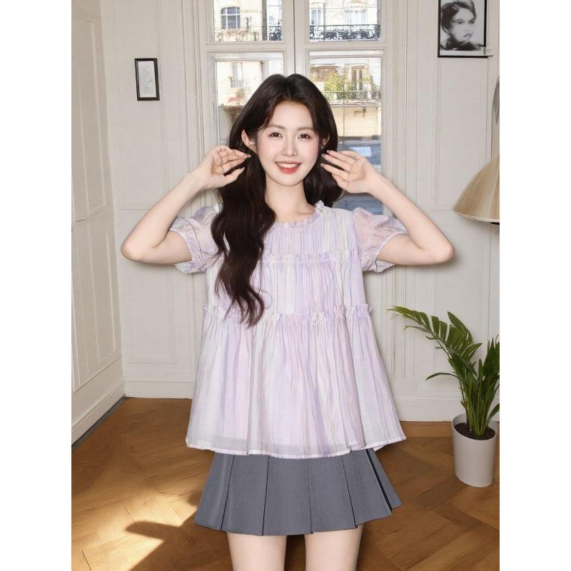 

Женские топы с короткими рукавами-буфами фиолетового цвета, плиссированным дизайном, женские блузки в минималистичном стиле в корейском стиле L фиолетовый