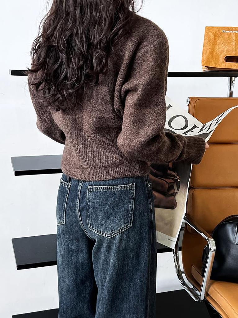 Knit Top Sweater for Long Crew Short Zip Slimming Available in Three Brown [JINJUDUO] Women, Sleeve, Autumn/Winter, Lightweight, Neck, Casual,