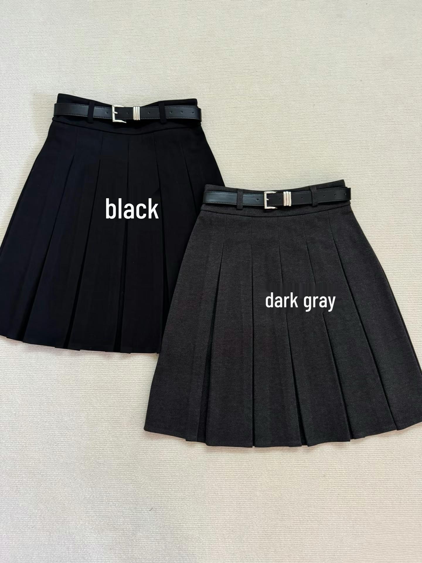 Women s Dark Gray Plaid Wool Midi Skirt: College Style, Pleated, High-Waisted, Slim A-Line, 2025 Autumn/Winter Collection. Large чёрный