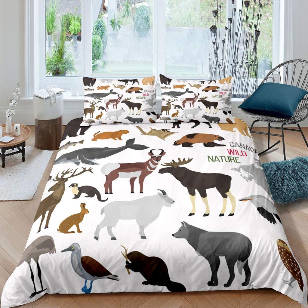 Kids Cartoon Animal Zebra Giraffe Fox Kangaroo King Queen Duvet Cover Boy Girl Rabbit Wildlife Bedding Set Polyester Quilt Cover